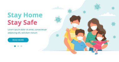 Stay home concept. Family wearing face masks at home in quarantine, landing page or banner template. Coronavirus outbreak concept. Vector illustration in flat style clipart