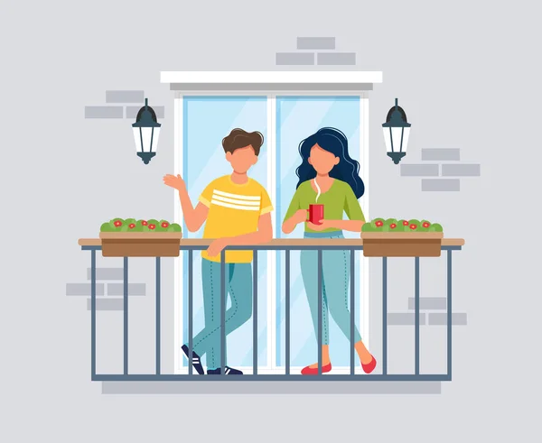 Les gens sur le balcon, concept de coronavirus. Restez à la maison pendant l'épidémie. Illustration vectorielle mignonne dans un style plat — Image vectorielle