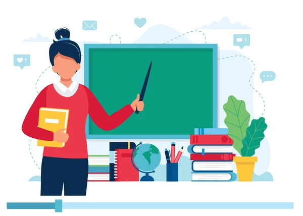 Концепція онлайн-навчання. Жінка-вчителька з книгами та клавіатурою, відео урок. Векторні ілюстрації в плоскому стилі — стоковий вектор