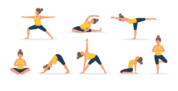 Mulher praticando ioga, conjunto de poses diferentes. Estilo de vida saudável. Ilustração vetorial em estilo plano — Vetor de Stock