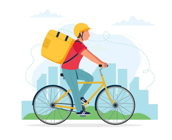 Concepto de servicio de entrega de bicicletas, personaje de mensajero masculino montando bicicleta con caja de entrega. Ilustración vectorial en estilo plano — Vector de stock