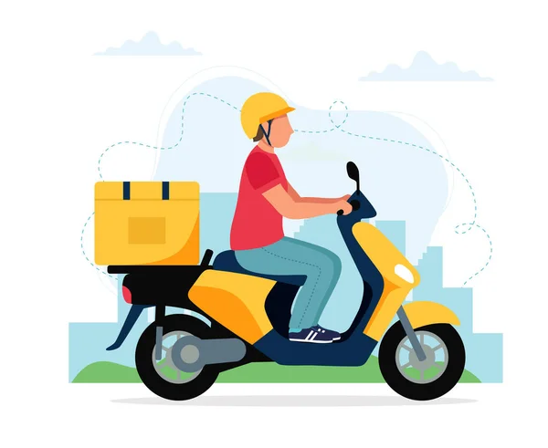 Concepto de servicio de entrega de la vespa, vespa masculina del carácter del mensajero con la caja de entrega. Ilustración vectorial en estilo plano — Vector de stock