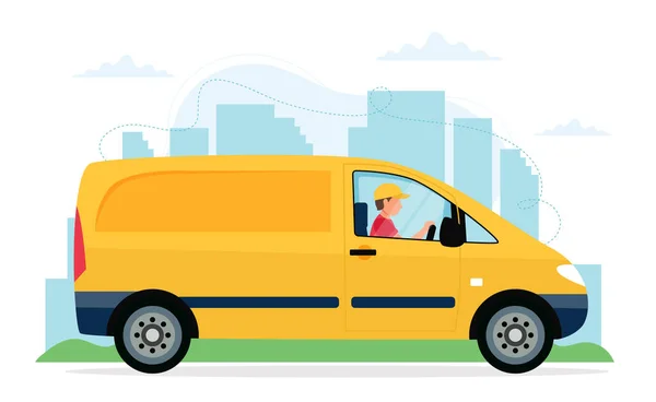 Concetto di camion di consegna, personaggio corriere maschile guida auto consegna gialla. Illustrazione vettoriale in stile piatto — Vettoriale Stock
