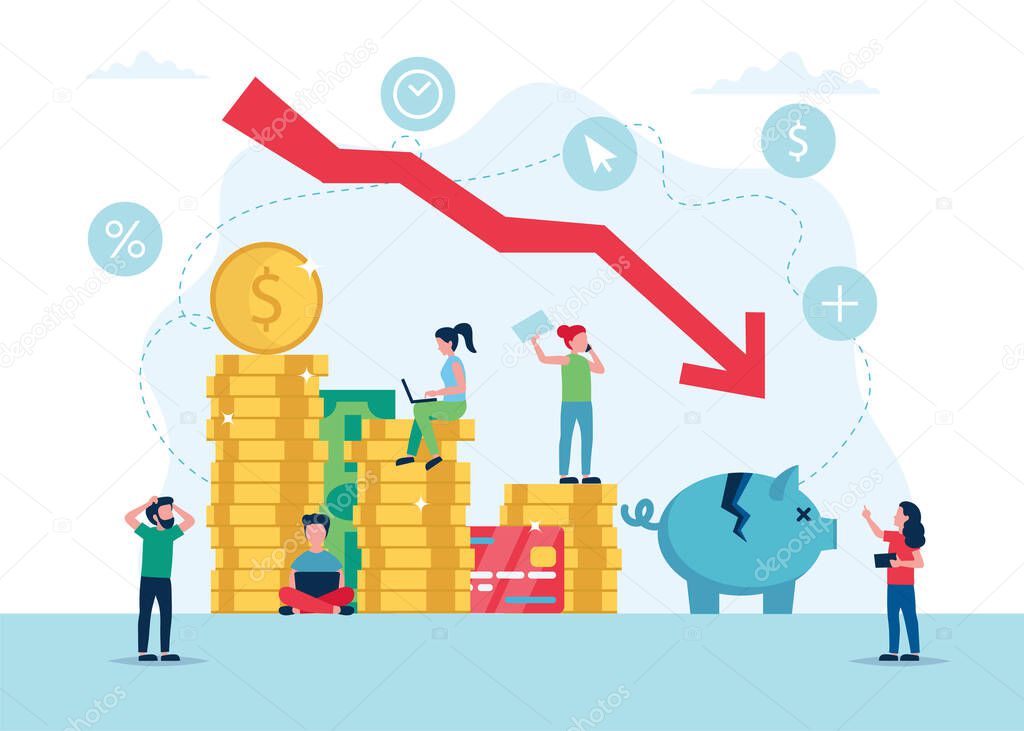 Economic crisis concept, stock market graph falling, money loss. Small people characters. Vector illustration in flat style