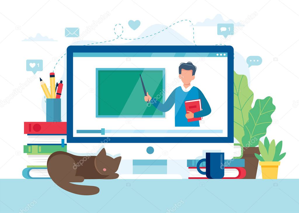 Online learning concept. Screen with teacher and chalkboard, video lesson. Vector illustration in flat style