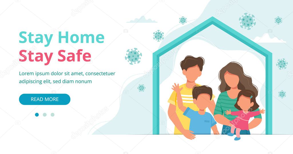 Stay home concept. Family staying at home in quarantine, landing page or banner template. Coronavirus outbreak concept. Vector illustration in flat style