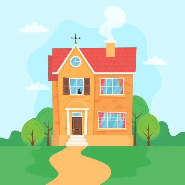 Linda casa con paisaje. Ilustración vectorial en estilo plano — Vector de stock