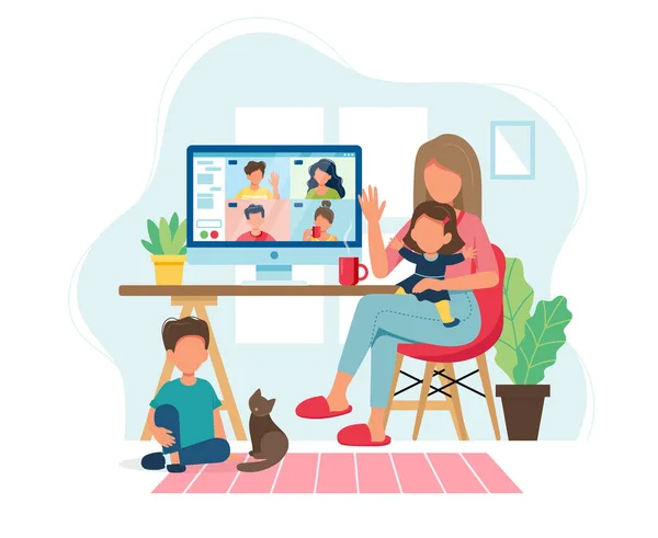 Resta a casa. Donna con bambini che chiamano gli amici tramite videoconferenza in accoglienti interni moderni. Illustrazione vettoriale in stile piatto — Vettoriale Stock