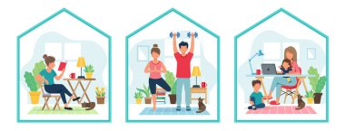 Evde kal konsepti. İnsanlar spor yapıyor, okuyor, evlerinde rahat modern iç mekanlarda çalışıyor. Düz biçimli vektör illüstrasyonu