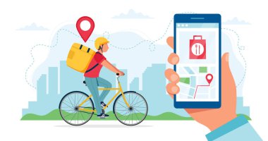 Bisiklet teslimatı konsepti, kurye karakteri teslimat kutusuyla bisiklete binmek, konumu olan akıllı telefonu tutmak. Düz biçimli vektör illüstrasyonu