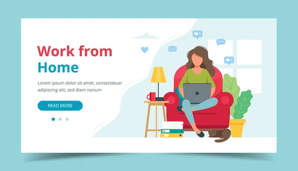 Hemmakoncept, kvinna som arbetar hemifrån sittande på en stol, elev eller frilansare. Mall för landningssida. Söt vektor illustration i platt stil — Stock vektor