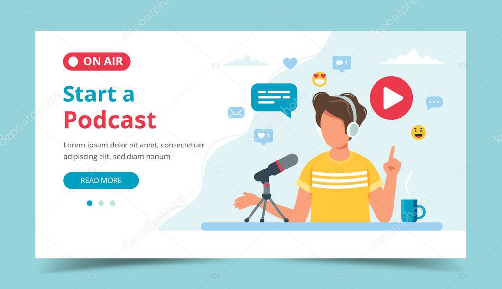 Podcaster talking to microphone recording podcast in studio. Landing page template. Vector illustration in flat style