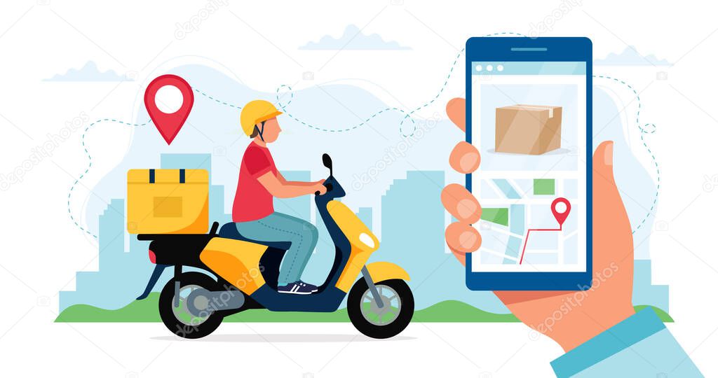 Scooter delivery service concept, courier character riding scooter with delivery box, hand holding smartphone with location. Vector illustration in flat style