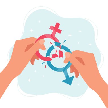 Gender norms concept. Hands holding gender symbols breaking in pieces. Vector illustration in flat style clipart