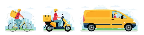 Koncepcja usługi dostawy, charakter kuriera jazda na rowerze, skuter, samochód. Ilustracja wektora w stylu płaskim — Wektor stockowy