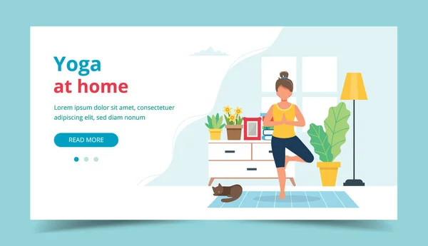 Yoga em casa. Mulher fazendo ioga no interior moderno acolhedor. Modelo de design de landing page. Ilustração vetorial em estilo plano — Vetor de Stock