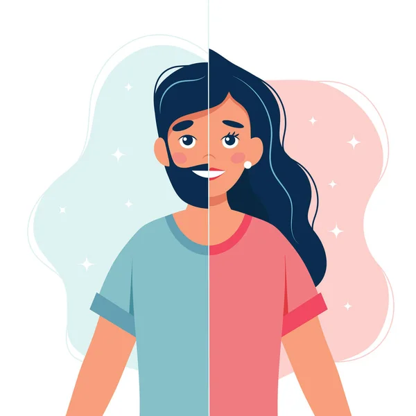 Concepto de identidad de género. Transición de género Persona con cara de mitad mujer y mitad hombre. Ilustración vectorial en estilo plano — Vector de stock