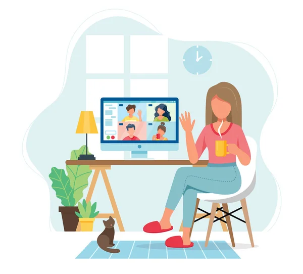 Reunión en línea a través de llamada de grupo. Mujer hablando con amigos en videoconferencia. Ilustración vectorial en estilo plano — Vector de stock