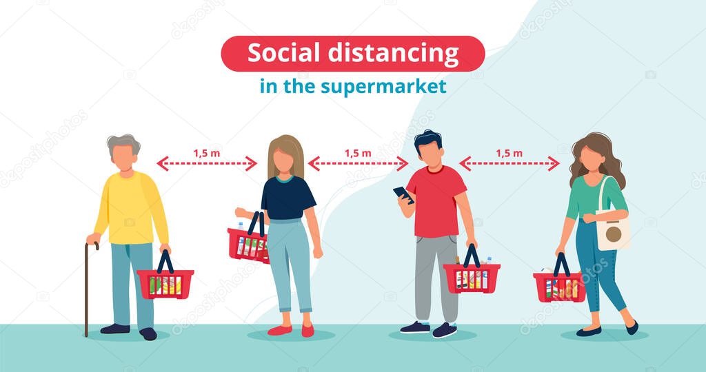 Social distance in supermarket, people in line with shopping baskets. Coronavirus prevention measures. Vector illustration in flat style