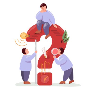 Renk, düz, vektör çizimi üç kişi ve bir soru.