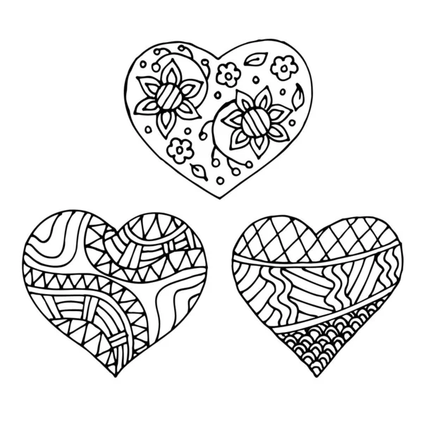 Vector illustration coloring book. Set of three hearts. Doodle style. — 스톡 벡터