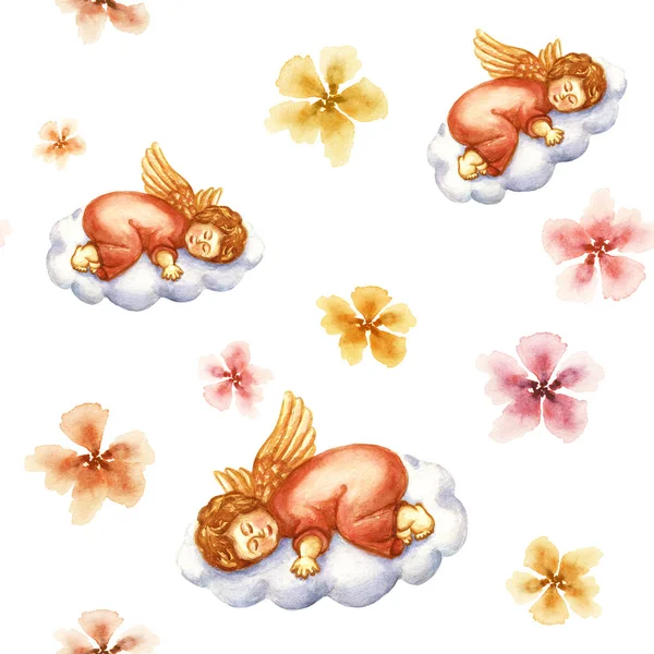 Watercolor seamless pattern. Angel sleeps on a cloud around the flowers.