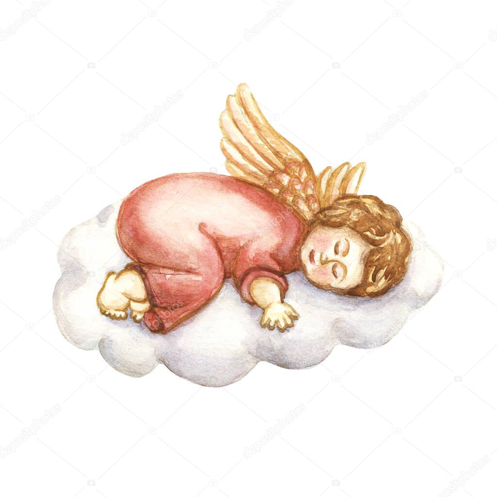 Watercolor illustration. Angel is sleeping on a cloud.