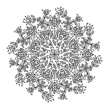 Mandala. Beyaz arkaplandaki bitkilerin vektör görüntüsü. Tasarım için elverişli, kartpostallar, baskılar, çocuk boyası.