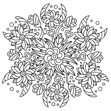 Vektör çizimi. Çiçek ve yaprak mandala. Çocuklar ve yetişkinler için boyama kitabı. İyi bir ruh hali, rahatlama ve meditasyon için..