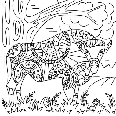 Vektör çizimi. Yetişkinler ve çocuklar için çocuk boyası. Ağaçların altındaki ormanda bizon. Rahatlama ve meditasyon için karalama.