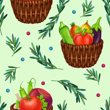 Açık yeşil arka planda pürüzsüz desen. Sepetteki sebzeler. Tekstil, ambalaj ve yüzey için tasarım.