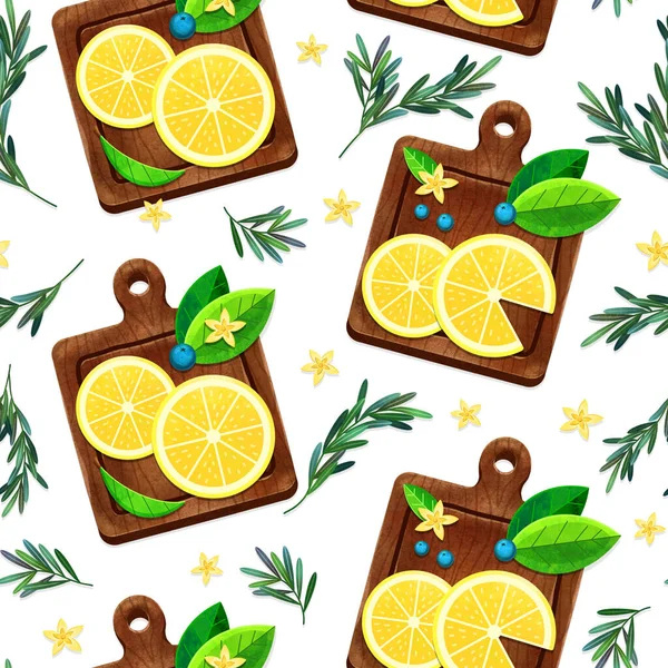 无缝图案 柠檬片在切菜板上 迷迭香和鲜花的枝条 厨房设计 — 图库照片