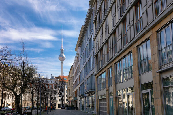 BERLIN, GERMANY - MARCH 30: The famous TV tower of Berlin with a beautiful sky. March 30, 2019 in Berlin, Germany