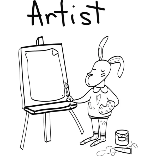 キャンバスライン上のかわいいアーティストウサギの絵 — ストックベクタ