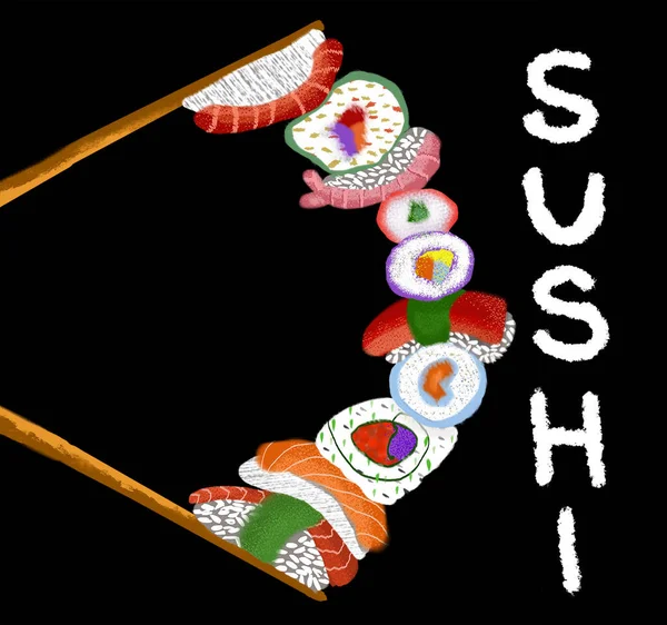 Sushi illustratie op zwarte achtergrond — Stockfoto
