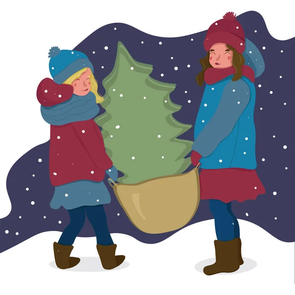 Dos niñas sosteniendo árbol de Navidad, plana Vector Ilustración — Vector de stock