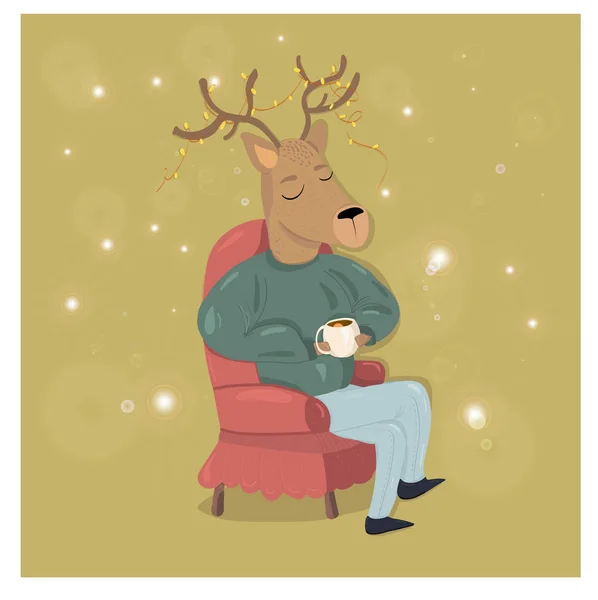 セーターの鹿がお茶を飲んでいる、ベクトル図 — ストックベクタ