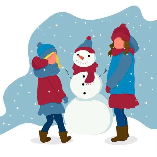 Filles avec des bonhommes de neige vecteur plat, actifs d'hiver — Image vectorielle