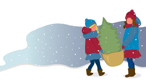 Dos niñas sosteniendo el árbol de Navidad, Flat Vector Illustration banner — Vector de stock