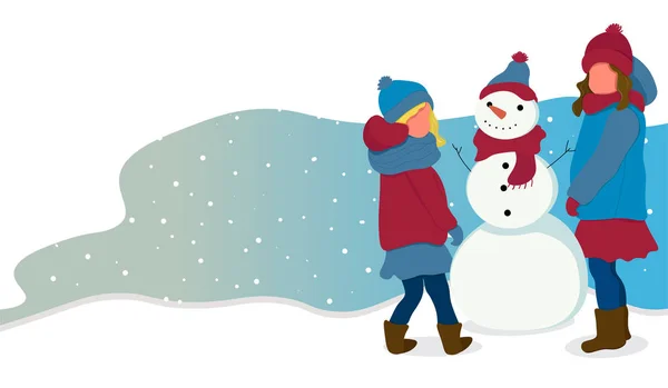 有雪人的女孩扁平病媒，冬季活动 — 图库矢量图片
