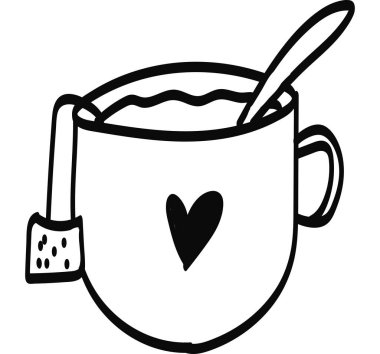 Bir fincan kahve ya da çay, tek elle çizilmiş elementler. Doodle vektör illüstrasyonu.