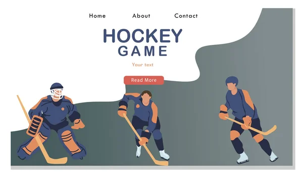 Hockeyspieler in Bewegung Website Zielseite. junge männliche Charakter Skaten im Team einheitliche Sportler Spiel, — Stockvektor