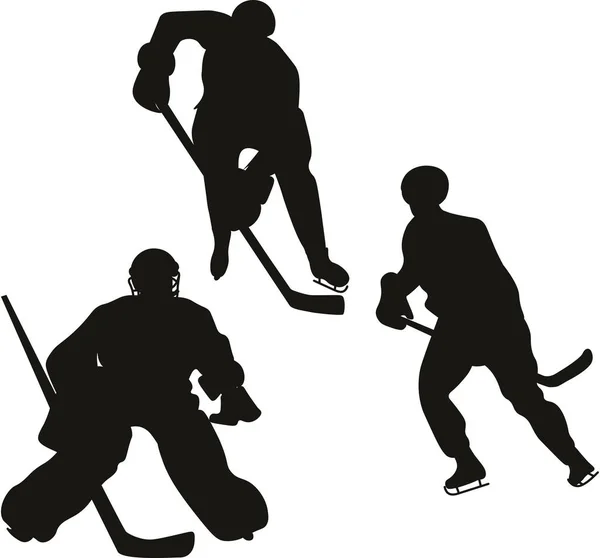 Set von Silhouetten Eishockeyspieler flache Vektorillustration. Erwachsener junger Mann in Uniform mit Eishockeyschläger-Cartoonfigur. Profisportler, — Stockvektor