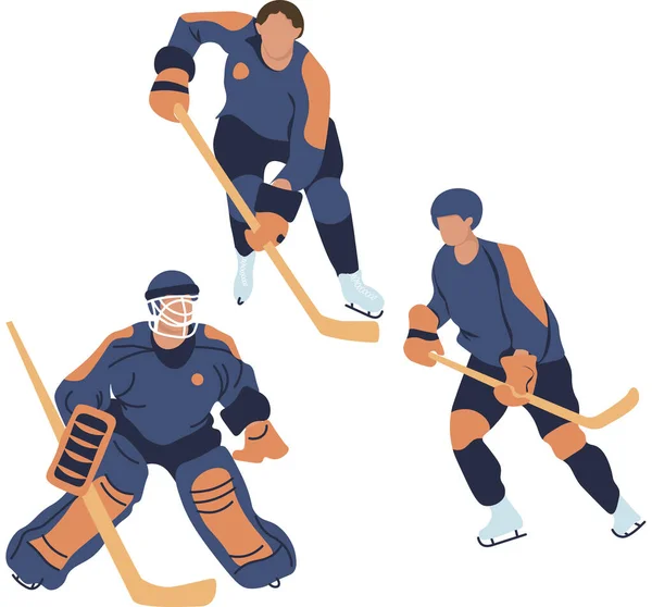 Set Eishockeyspieler flache Vektordarstellung. Erwachsener junger Mann in Uniform mit Eishockeyschläger-Cartoonfigur. Profisportler, — Stockvektor