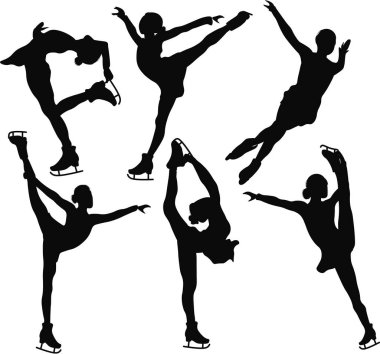 Set Kızı karakterleri. Pistteki sporcu. Düz Vektör çizimi. Artistik buz pateni. Sporcular. Kış spor illüstrasyonu. Siyah siluetler.