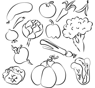 Bir dizi farklı karalama sebze el basit çizim taslağı ve sebze tasarımının yumuşak gölge cazibesi.