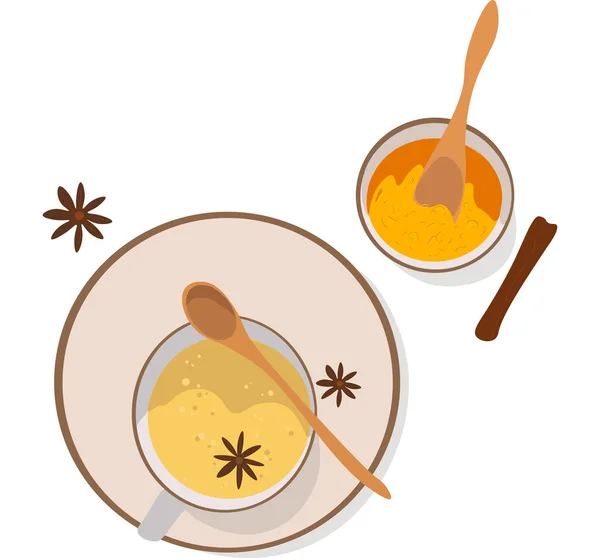 Illustrazione vettoriale delle spezie isolate sullo sfondo bianco, bevanda speziata gialla curcuma, concetto di stampa, web design, carte, carte, menu, paking — Vettoriale Stock