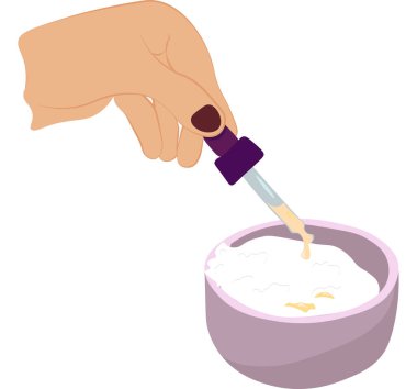 Kadın eli maskeye gerekli yağı ekler. Kadın hazırlanıyor. Alternatif Kozmetik için Ekolojik Bitkiler ve Bitkiler. Vektör Düz Biçimi