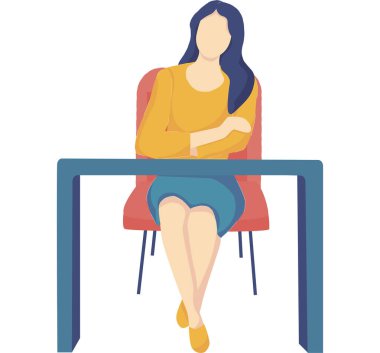 Masada oturan kız. İş kadını, iş yeri. Çizgi film kadın karakteri ofis çalışanı, işadamı, katip, müdür..