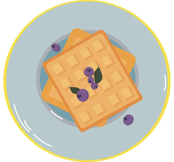 Vector belgian waffles on plate with blueberries isolated on white background. breakfast — Stock Vector